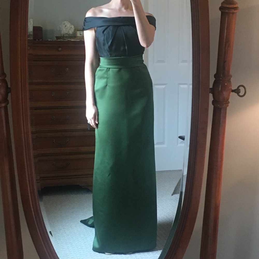 Off the shoulder, floor length dress.